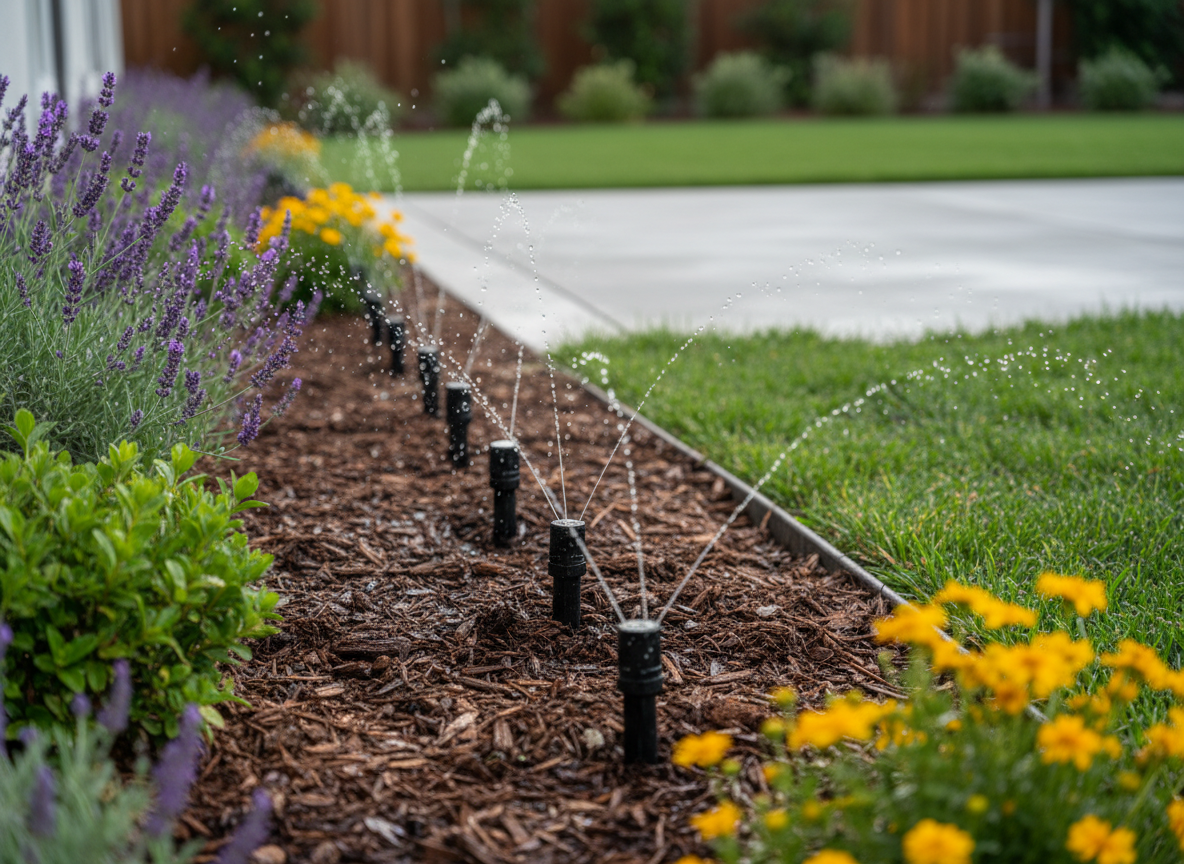 A close-up, photographic view of a freshly installed, high-efficiency irrigation system in a California backyard, focusing on a row of low-profile black drip emitters and micro-sprinklers precisely aligned along a dark brown mulched planting bed. Moist soil glistens around the base of vibrant green shrubs and flowering perennials, with small water droplets captured mid-air in crisp detail. The scene is set in bright but slightly diffused morning light, casting soft shadows and highlighting the meticulous installation. The background gently blurs into a neatly edged lawn and clean concrete patio. Shot from a low angle with shallow depth of field, the mood is professional, reliable, and technically precise, showcasing expert irrigation construction and repairs in a clean, modern photographic style.