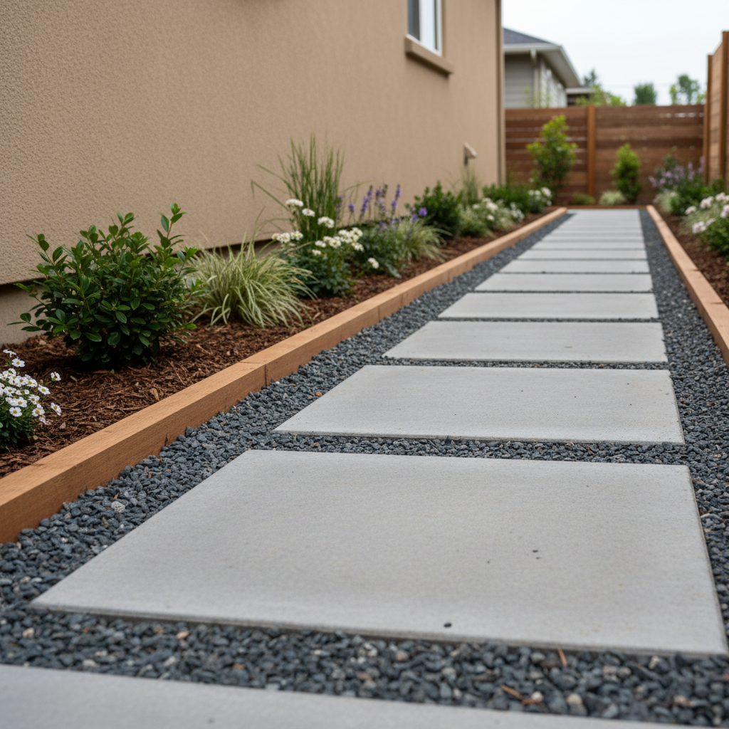 An elegant side yard transformation emphasizing landscape construction details: a straight, clean line of large square concrete stepping stones set in contrasting dark gravel, leading past freshly installed cedar edging and neatly pruned native plants. Each paver shows a smooth, lightly textured surface with crisp edges, separated by evenly spaced joints. The environment feels intimate, flanked by a stucco home wall on one side and a lush, layered planting bed on the other. Soft overcast daylight provides even, shadowless illumination, highlighting precision and craftsmanship. Photographic realism from a low, slightly angled perspective emphasizes depth and direction. The mood is calm, ordered, and professional, perfect for communicating high-quality installation work on a landscaping company’s services page.