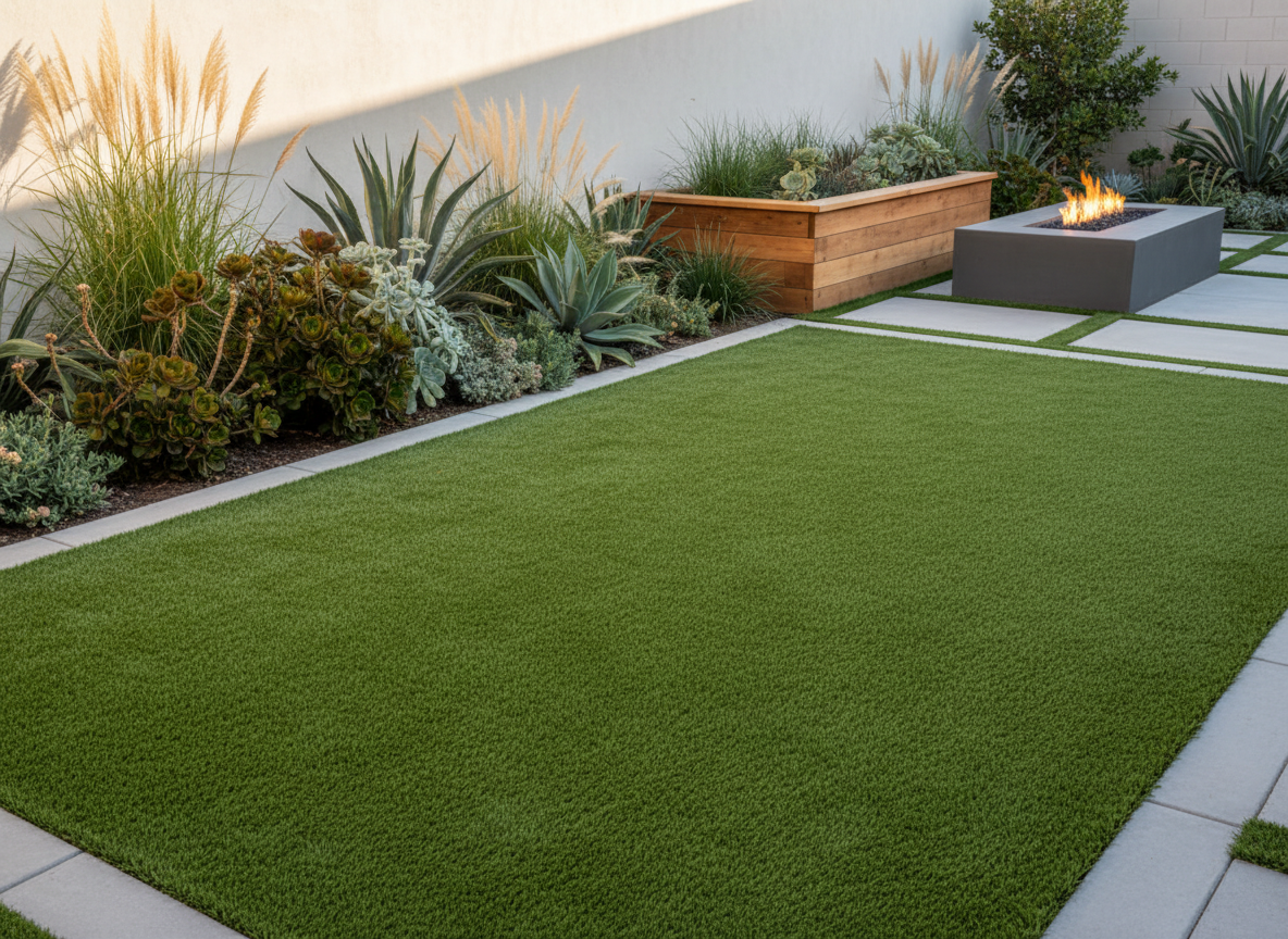 A luxurious California backyard greenscape installation, showcasing a flawlessly level, vivid emerald artificial turf lawn bordered by precise concrete pavers and richly textured planting beds. The turf fibers appear dense and realistic, with varied green tones and subtle thatch, while ornamental grasses, succulents, and low shrubs frame the edges. In the distance, a raised wooden planter box and a minimalist fire feature add structure. Warm, golden hour sunlight creates long, soft shadows and a welcoming glow over the entire yard. Captured from a slightly elevated angle with sharp focus and photographic realism, the composition balances the geometric lines of hardscape with organic planting. The atmosphere is polished yet relaxed, conveying low-maintenance, good-vibes outdoor living ideal for showcasing greenscape construction services.