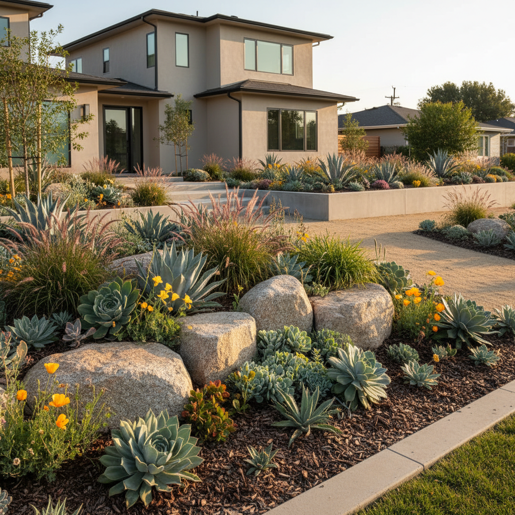 A meticulously designed California front yard with lush, drought-tolerant landscaping, featuring layered planting beds of silver-blue succulents, flowering native grasses, and sculpted boulders framing a smooth decomposed granite pathway. A low, modern concrete retaining wall defines the space, with dark mulch emphasizing vibrant greens. Soft late-afternoon golden sunlight washes across the scene, creating gentle shadows and subtle highlights on stone and foliage. Photographic realism at eye level, with sharp focus throughout, emphasizing professionalism and craftsmanship. The background shows a contemporary stucco home with a clean, neutral exterior, while the composition follows the rule of thirds, conveying calm, order, and polished good vibes appropriate for a high-end landscaping company homepage hero image.