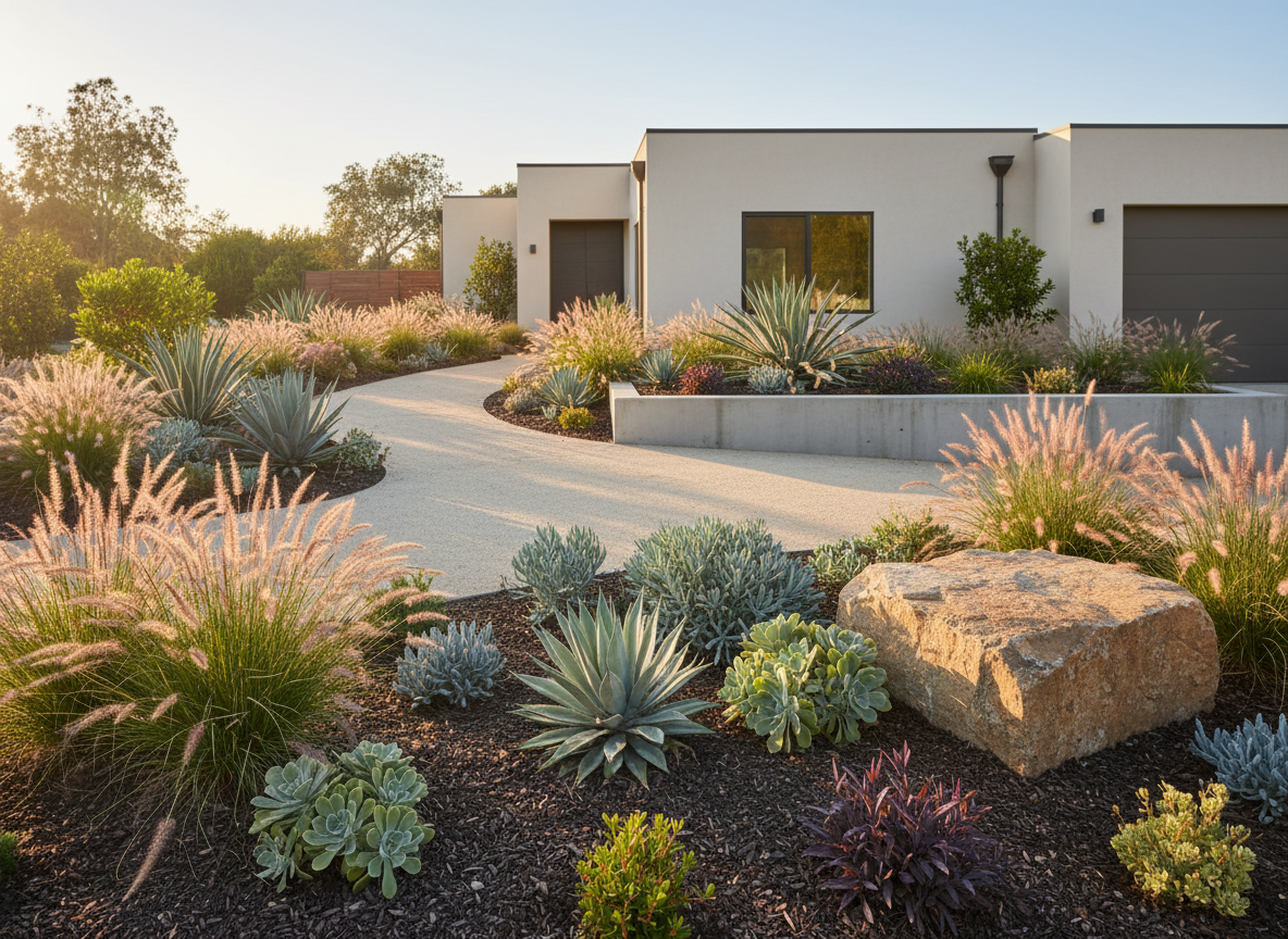 A meticulously designed California front yard with lush, drought-tolerant landscaping, featuring layered planting beds of silver-blue succulents, flowering native grasses, and sculpted boulders framing a smooth decomposed granite pathway. A low, modern concrete retaining wall defines the space, with dark mulch emphasizing vibrant greens. Soft late-afternoon golden sunlight washes across the scene, creating gentle shadows and subtle highlights on stone and foliage. Photographic realism at eye level, with sharp focus throughout, emphasizing professionalism and craftsmanship. The background shows a contemporary stucco home with a clean, neutral exterior, while the composition follows the rule of thirds, conveying calm, order, and polished good vibes appropriate for a high-end landscaping company homepage hero image.