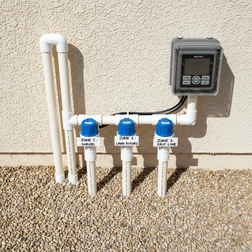A detailed overhead photographic view of an irrigation control zone setup mounted neatly on an exterior stucco wall, featuring labeled valves, cleanly arranged PVC piping, and a modern digital irrigation controller in a closed, weatherproof gray box. White pipes with clean, solvent-welded joints emerge from gravel, turning with precise 90-degree elbows, while each valve is clearly organized and aligned. The ground below is covered in compacted, light-colored gravel for drainage. Bright, clear midday light illuminates every component without harsh shadows, emphasizing clarity and technical organization. The composition is centered with a slight diagonal leading line from pipes to controller, conveying reliability and expertise. The overall style is photographic, clean, and utilitarian, ideal for illustrating professional irrigation construction and repair capabilities.